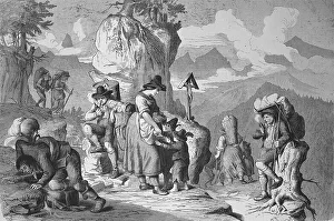 Goods carriers taking a break, on the way on an alpine pass in Tyrol in 1869