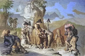 Goods carriers taking a break, on the way on an alpine pass in Tyrol in 1869