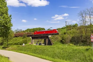 Goods train travelling on the Swabian Alb near Lonsee