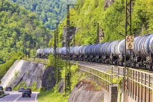 Goods train travelling on the winding Geislinger Steige railway line