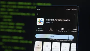 Google Authenticator app on a smartphone showcasing an install option and app ratings on a dark background