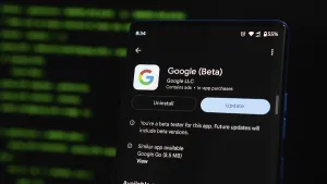 Google Beta app update interface on a smartphone screen with green text on a dark background