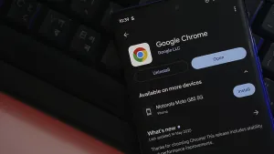 Google Chrome app screen on smartphone over keyboard