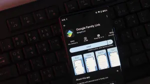 Google Family Link app page shown on a smartphone screen in dark mode with a keyboard background