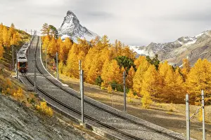 Framed Print : Gornergrat Rack Railway Train, Matterhorn Mountain and Yellow Golden Larches in Autumn