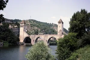 Gothic structure of the Pont Valentre bridge in Cahors on the River Lot, Lot department, south-west France 1976