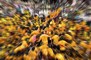 Govindas preparing human pyramid to break dahi handi at dadar mumbai maharashtra India