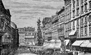 The Graben, old market square, today a shopping and promenade for luxury goods, in the centre the baroque Viennese plague column column from 1679, 1st district of the Austrian capital Vienna, fountain, many people, buildings with rich ornamentation