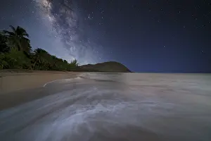 Grande Anse beach, coast and sea with Milky Way at night