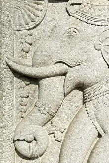 Granite relief, elephant head, decoration at the entrance to the Temple of the Tooth