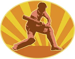 Graphic design illustration of a cricket player batsman batting done in retro style with sunburst in background set