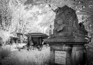 Graves in Highgate Cemetery London in black and white