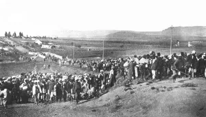 The Great March to the Transvaal, November 6, 1913. The marchers are stopped at the border at Volksrust, South Africa, Africa
