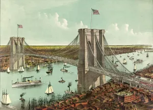 The great suspension bridge over the East River connects the cities of New York and Brooklyn