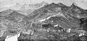 Great Wall of China, border defence system, built in the Ming Dynasty (1368-1644), some sections are UNESCO World Heritage Sites, watchtower, wall battlements, mountain landscape, travelling in Asia, China, historical illustration 1887, Asia