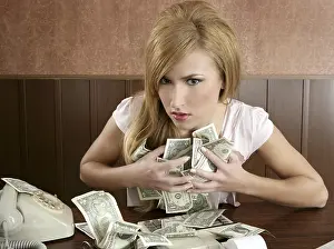 Greed money retro beautiful woman office vintage accountant