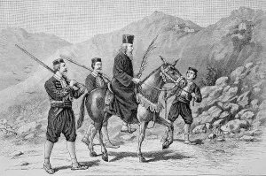 Greek Pope c. 1867, priest, riding on a donkey