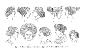 Greek and Roman hairstyles, illustration from Meyers Konversationslexikon