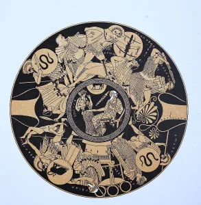 A Greek vase, on the outside it shows the last battle in Troy and in the round interior it depicts the aged Peleus