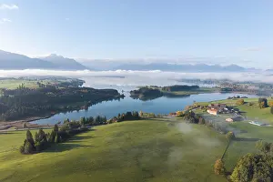 Green hilly landscape with quiet Forggensee and light fog