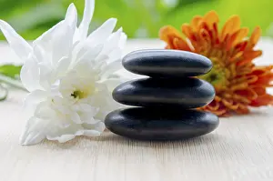 Green leaves and white bloom paired with zen stones refreshing calm with customizable space for text