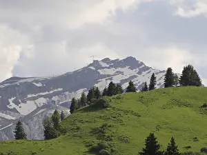 Green mountain meadow and suspension bridge connecting two peaks
