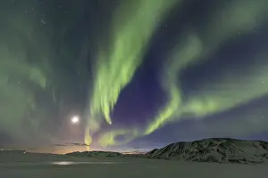 Green northern lights, aurora borealis over snowy mountains