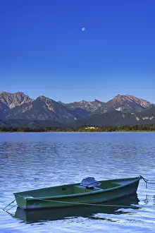 Category Mountain Landscapes Prints: Green rowboat, lake Hopfensee, Hopfen am See