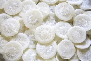 Green vegetable, round slices of muli radish raphanus sativa