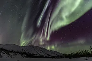 Green, yellow and purple northern lights (aurora borealis) over snowy mountains