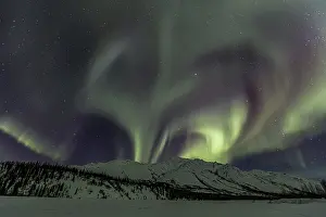 Green, yellow and purple northern lights (aurora borealis) over snowy mountains