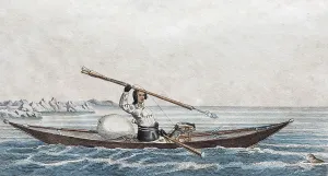 Greenlandic kayak, hand-colored copper engraving from Friedrich Justin Bertuch picture book for children