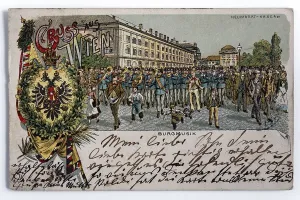 Greetings from Vienna, military band marching in front of Heumarkt barracks
