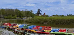 The Greetsiel twin mills, in front boats in the new Greetsieler Sieltief