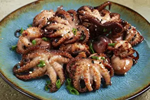 Grilled octopus garnished with green onions