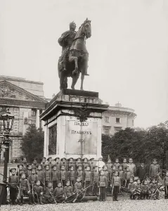 A group of children soldiers before the Equestrian memorial to Peter the Great