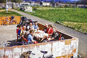 Group of club cyclists of mixed ages, men and women, having a picnic, probably Kent, England, UK 1956