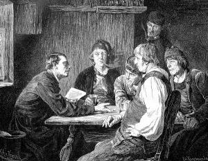 Group of six men discussing a letter from the king in a village pub