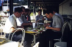 A group of men having lunch in a restaurant, Halsingborg, Sweden, 1958, Europe