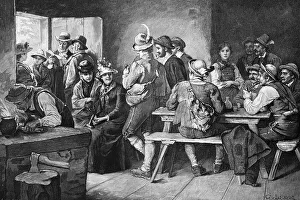 Group of peolpe at the inn, historic wood engraving