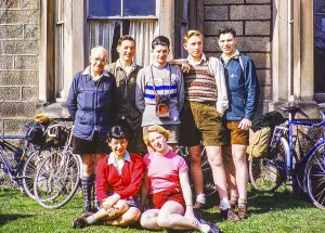 Group portrait of men and women of mixed ages, Peak District National Park, Derbyshire, England, UK 1956