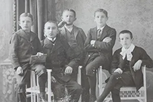 Group with five pupils, boys, children