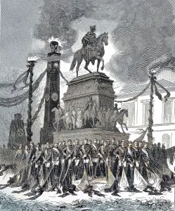 Group of the student deputation at the monument to Frederick the Great in Berlin