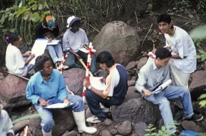 Group of students from Central High International School conducting geographical fieldwork in a rural area, Zomba, Malawi, Southern Africa 1996, Africa