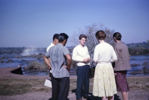 Group of tourists at the Iguazu Falls on the Iguazu River on the border between Brazil and Argentina, South America, 1962