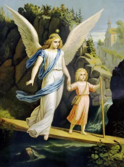 Guardian angel leading a child across a bridge