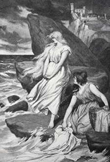 Gudrun by the sea, Two woman standing on rocks and looking out over a stormy sea