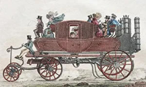 Gurney's steam coach, hand-colored copper engraving from Friedrich Justin Bertuch's picture book for children
