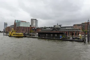 HADAG passenger ferry Tollerort with advertising for the musical The Lion King in front of a grey sky on the Elbe