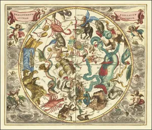 Haemisphaerium Stellatum Australe Antiquum, 1660, digital improved reproduction of a work by Andreas Cellarius (1596-1665), a Dutch-German cartographer and cosmographer best known for his 1660 Harmonia Macrocosmica, a major star atlas